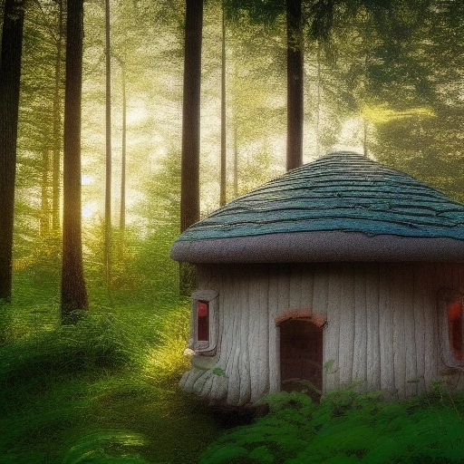 39394-3813787927-mushroom house in forest next to lake sunset.webp